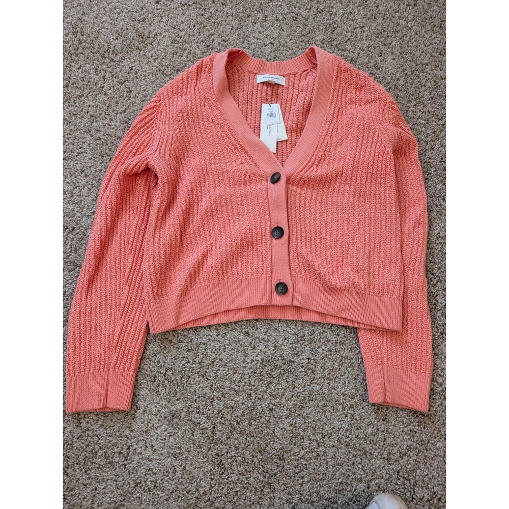 Banana Republic Women Coral Pink Shaker Stitch Cropped Cardigan Sweater L NWT